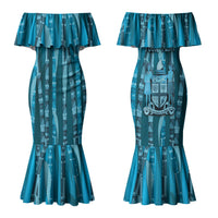 Personalised Fiji Language Week Sugarcane Masi Couples Matching Mermaid Dress and Long Sleeve Button Shirt Blue Tapa Tribal Pattern DT05 - Polynesian Pride