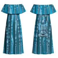Personalised Fiji Language Week Sugarcane Masi Couples Matching Off Shoulder Maxi Dress and Hawaiian Shirt Blue Tapa Tribal Pattern DT05 - Polynesian Pride