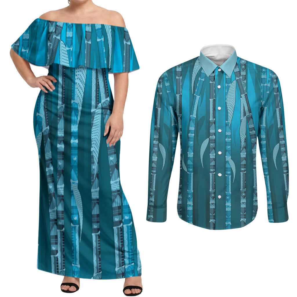 Personalised Fiji Language Week Sugarcane Masi Couples Matching Off Shoulder Maxi Dress and Long Sleeve Button Shirt Blue Tapa Tribal Pattern DT05 Blue - Polynesian Pride