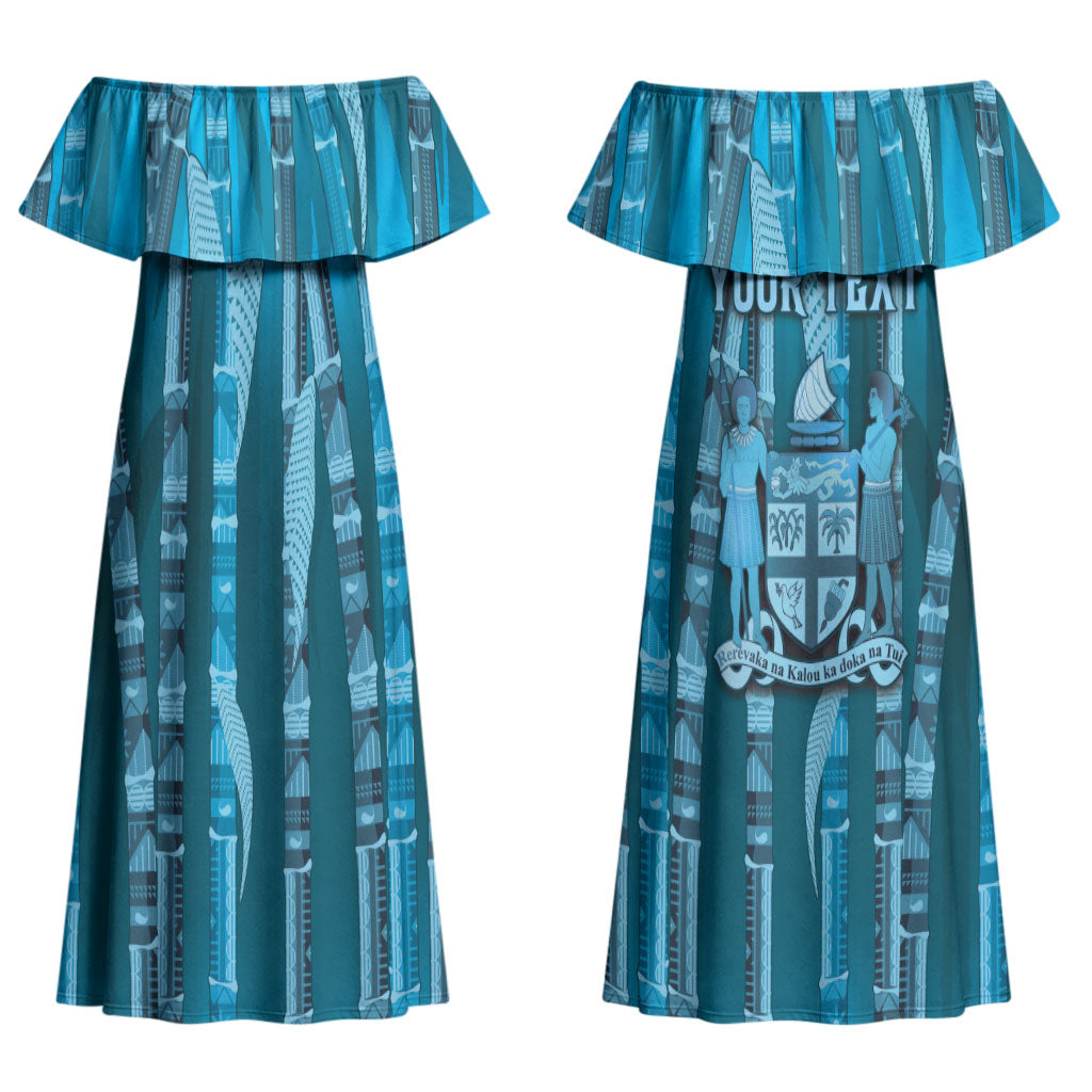 Personalised Fiji Language Week Sugarcane Masi Couples Matching Off Shoulder Maxi Dress and Long Sleeve Button Shirt Blue Tapa Tribal Pattern DT05 - Polynesian Pride