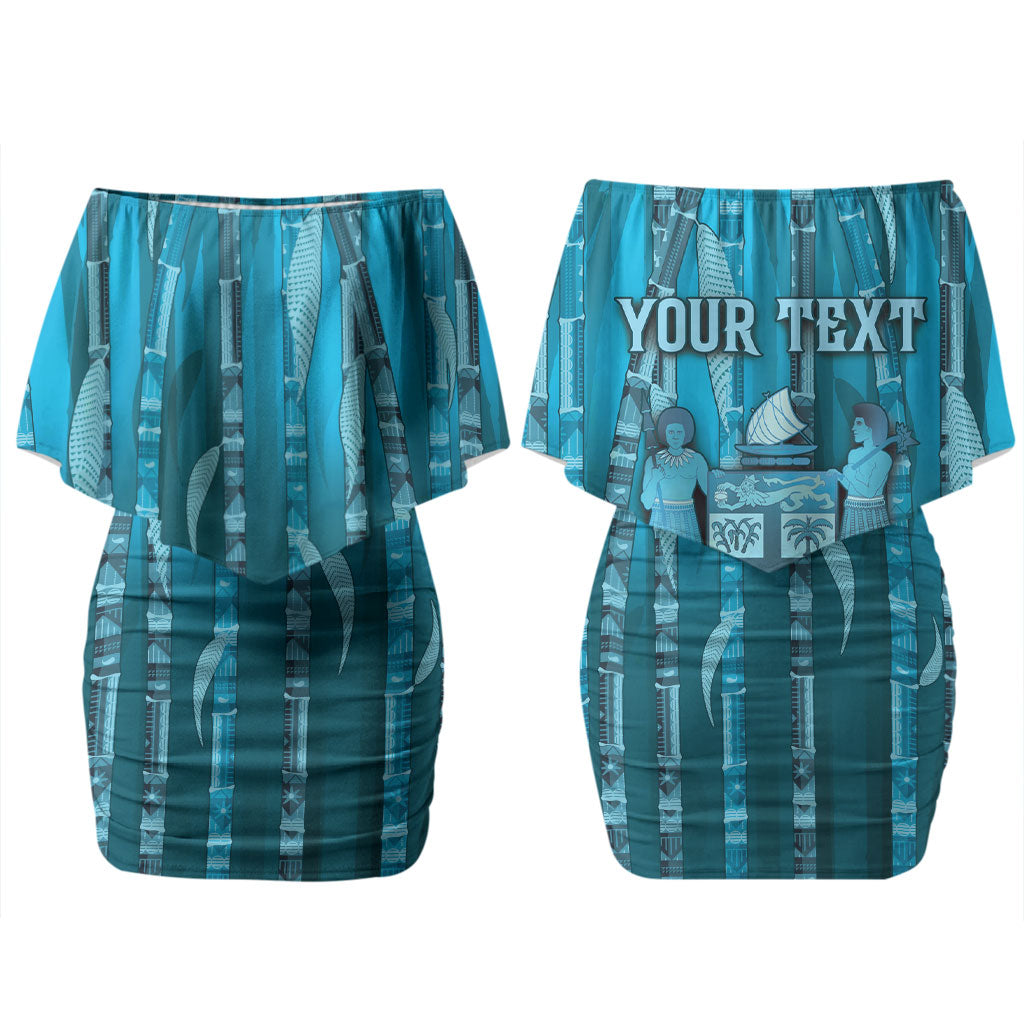 Personalised Fiji Language Week Sugarcane Masi Couples Matching Off Shoulder Short Dress and Hawaiian Shirt Blue Tapa Tribal Pattern DT05 - Polynesian Pride