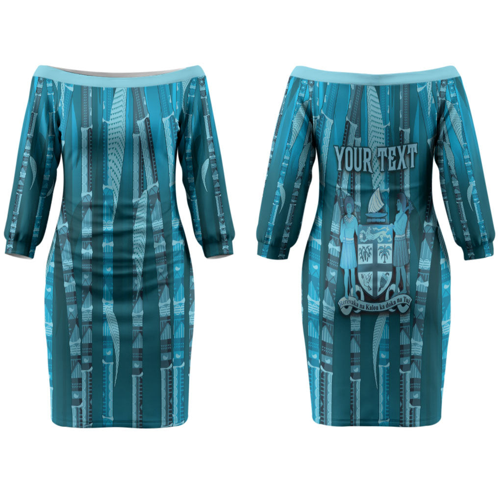 Personalised Fiji Language Week Sugarcane Masi Couples Matching Off The Shoulder Long Sleeve Dress and Hawaiian Shirt Blue Tapa Tribal Pattern DT05 - Polynesian Pride