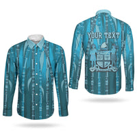 Personalised Fiji Language Week Sugarcane Masi Couples Matching Off The Shoulder Long Sleeve Dress and Long Sleeve Button Shirt Blue Tapa Tribal Pattern DT05 - Polynesian Pride