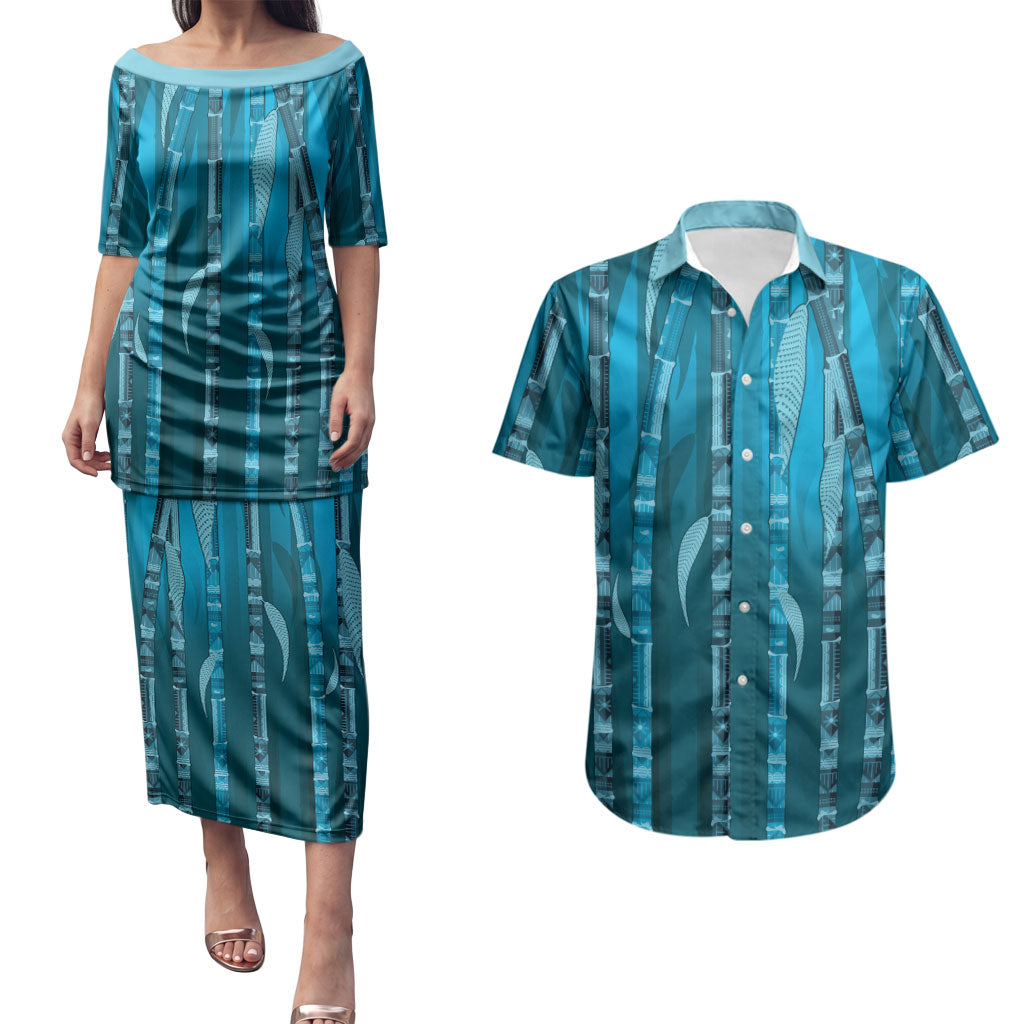Personalised Fiji Language Week Sugarcane Masi Couples Matching Puletasi and Hawaiian Shirt Blue Tapa Tribal Pattern DT05 Blue - Polynesian Pride