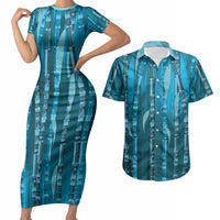 Personalised Fiji Language Week Sugarcane Masi Couples Matching Short Sleeve Bodycon Dress and Hawaiian Shirt Blue Tapa Tribal Pattern DT05 Blue - Polynesian Pride