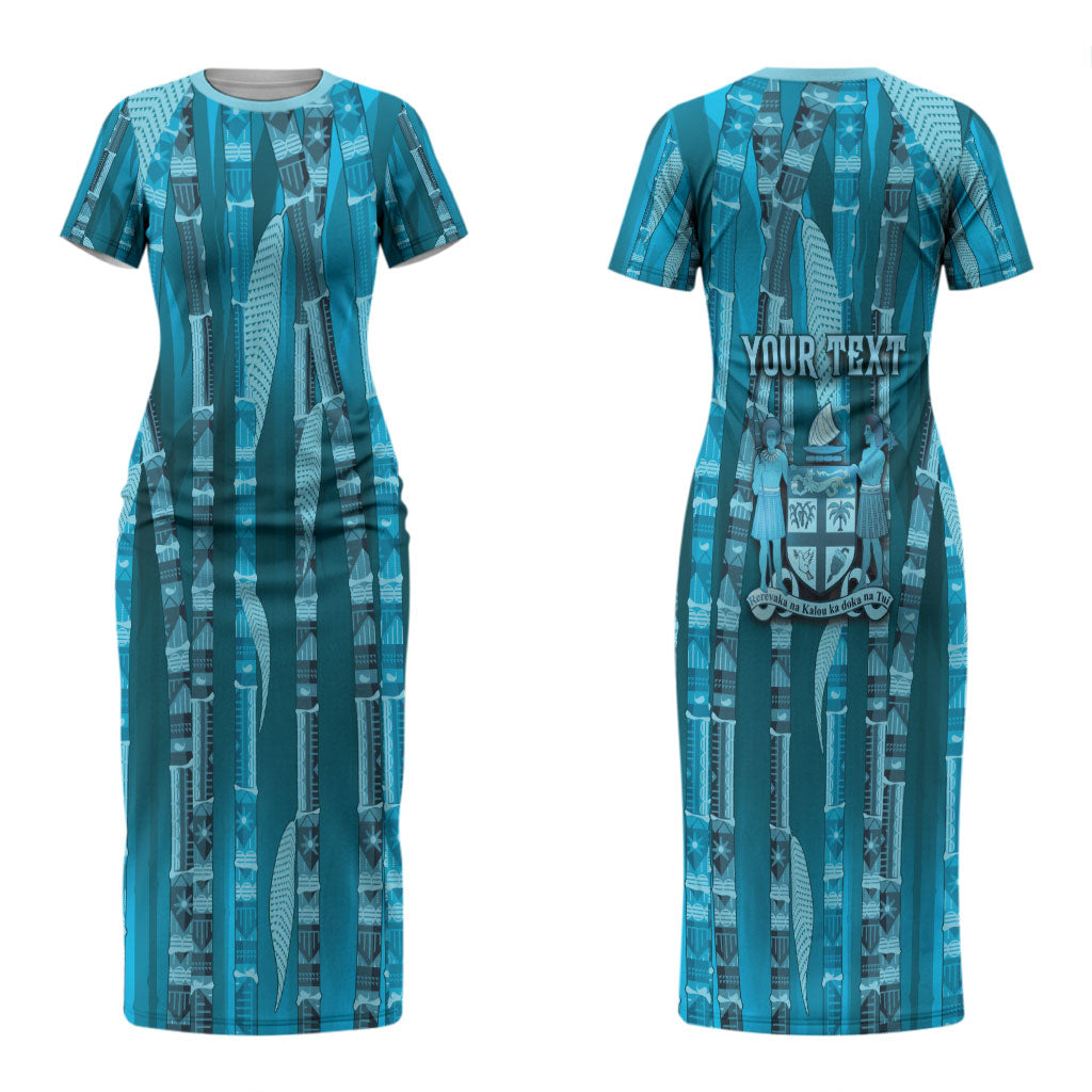 Personalised Fiji Language Week Sugarcane Masi Couples Matching Short Sleeve Bodycon Dress and Hawaiian Shirt Blue Tapa Tribal Pattern DT05 - Polynesian Pride