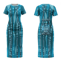Personalised Fiji Language Week Sugarcane Masi Couples Matching Short Sleeve Bodycon Dress and Long Sleeve Button Shirt Blue Tapa Tribal Pattern DT05 - Polynesian Pride