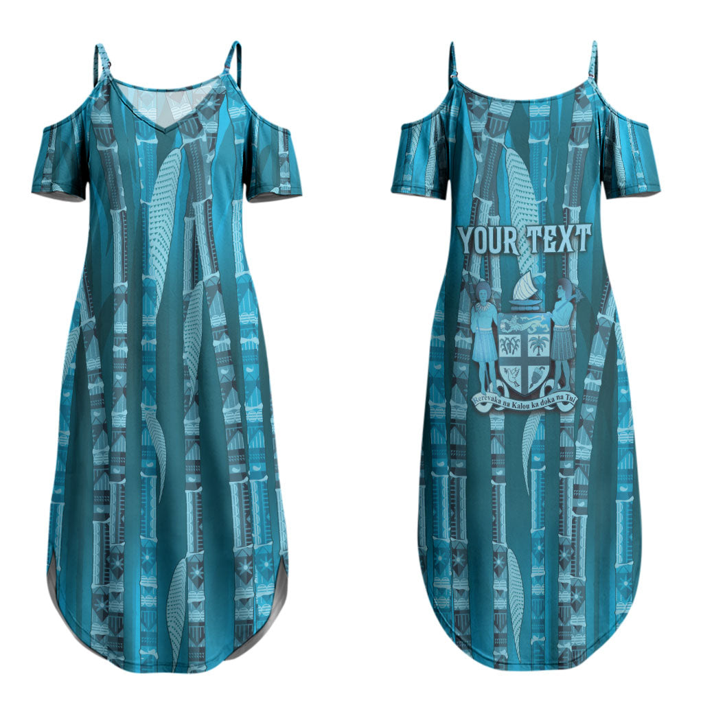 Personalised Fiji Language Week Sugarcane Masi Couples Matching Summer Maxi Dress and Long Sleeve Button Shirt Blue Tapa Tribal Pattern DT05 - Polynesian Pride