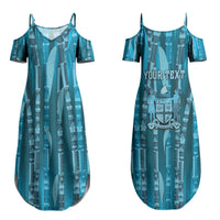 Personalised Fiji Language Week Sugarcane Masi Couples Matching Summer Maxi Dress and Long Sleeve Button Shirt Blue Tapa Tribal Pattern DT05 - Polynesian Pride