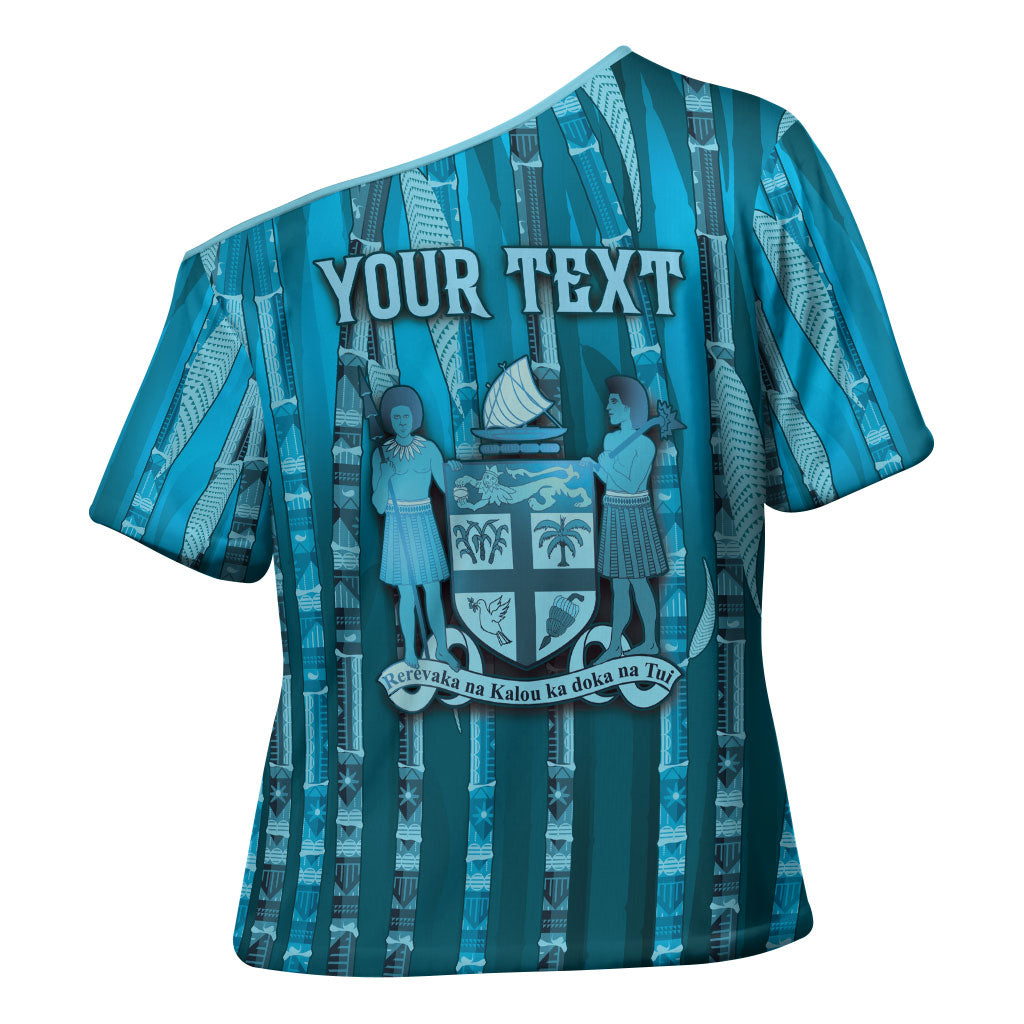 Personalised Fiji Language Week Sugarcane Masi Cross Shoulder Shirt Blue Tapa Tribal Pattern DT05 - Polynesian Pride