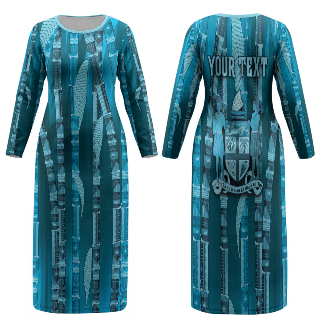 Personalised Fiji Language Week Sugarcane Masi Family Matching Long Sleeve Bodycon Dress and Hawaiian Shirt Blue Tapa Tribal Pattern DT05 Mom's Dress Blue - Polynesian Pride