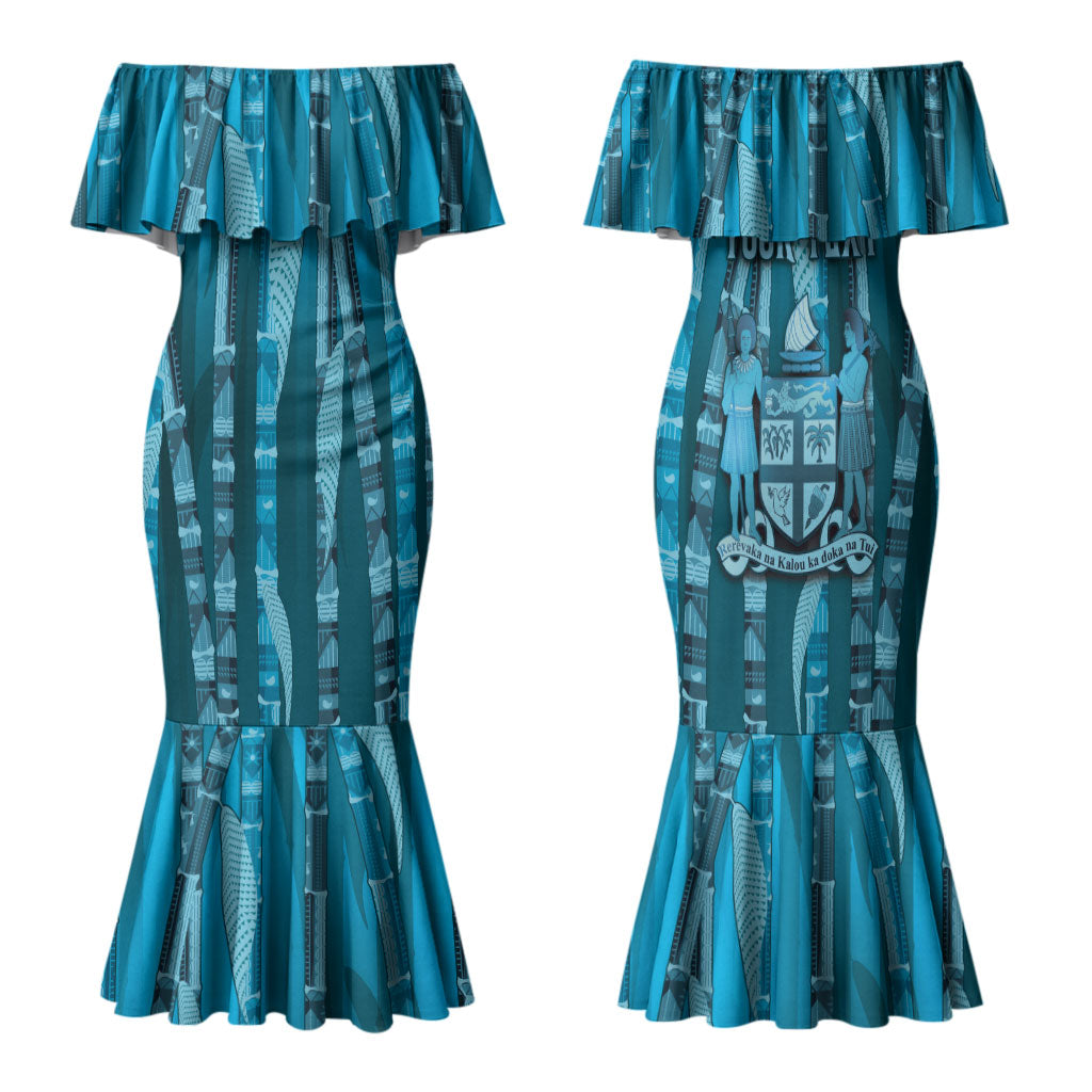 Personalised Fiji Language Week Sugarcane Masi Family Matching Mermaid Dress and Hawaiian Shirt Blue Tapa Tribal Pattern DT05 Mom's Dress Blue - Polynesian Pride