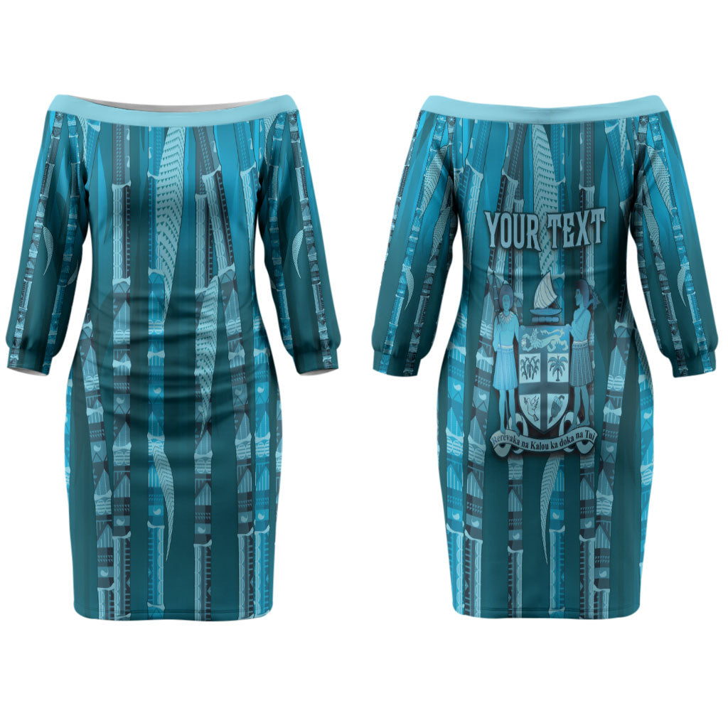 Personalised Fiji Language Week Sugarcane Masi Family Matching Off The Shoulder Long Sleeve Dress and Hawaiian Shirt Blue Tapa Tribal Pattern DT05 Mom's Dress Blue - Polynesian Pride