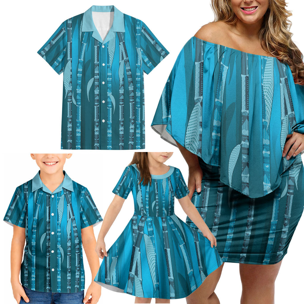 Personalised Fiji Language Week Sugarcane Masi Family Matching Off Shoulder Short Dress and Hawaiian Shirt Blue Tapa Tribal Pattern DT05 - Polynesian Pride
