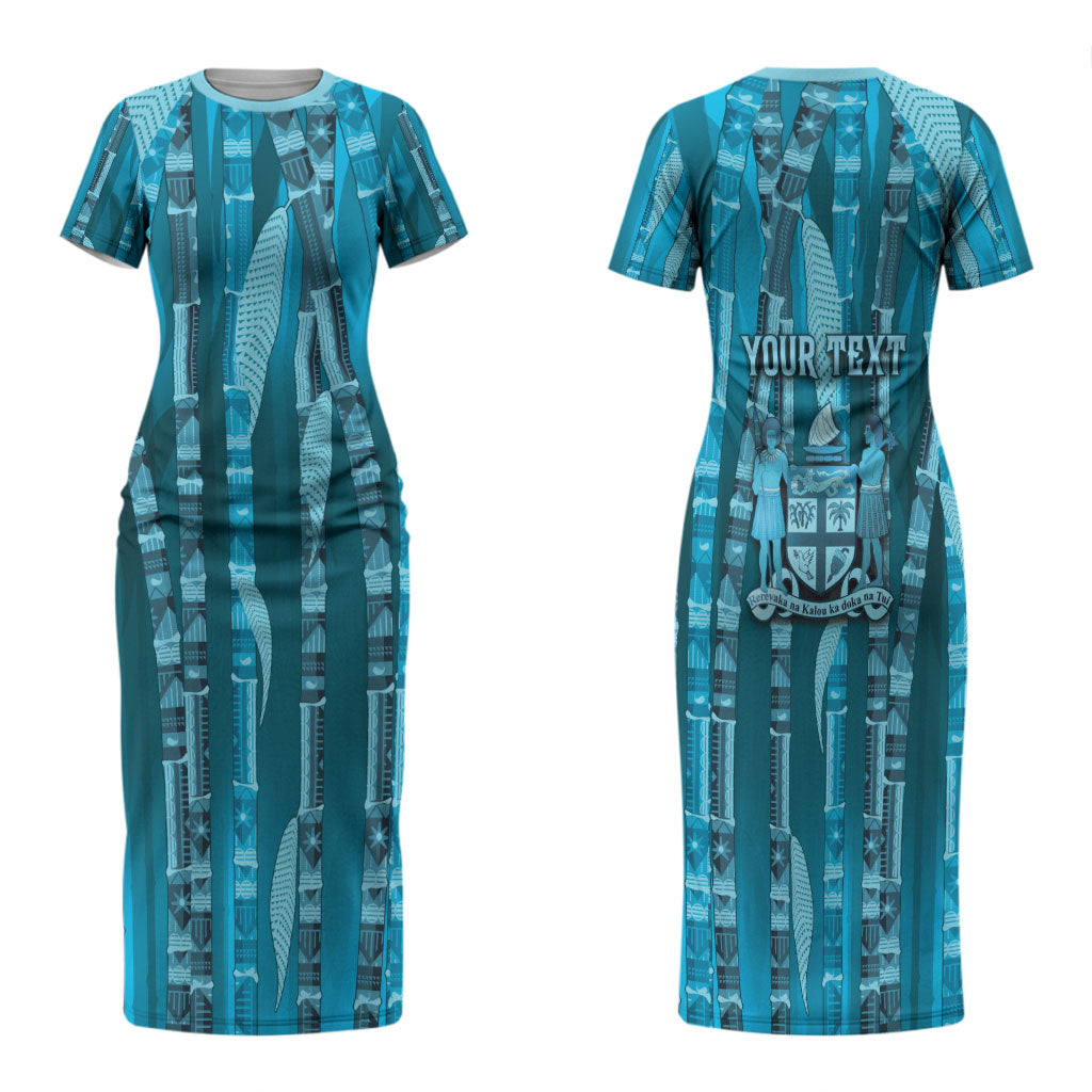 Personalised Fiji Language Week Sugarcane Masi Family Matching Short Sleeve Bodycon Dress and Hawaiian Shirt Blue Tapa Tribal Pattern DT05 Mom's Dress Blue - Polynesian Pride