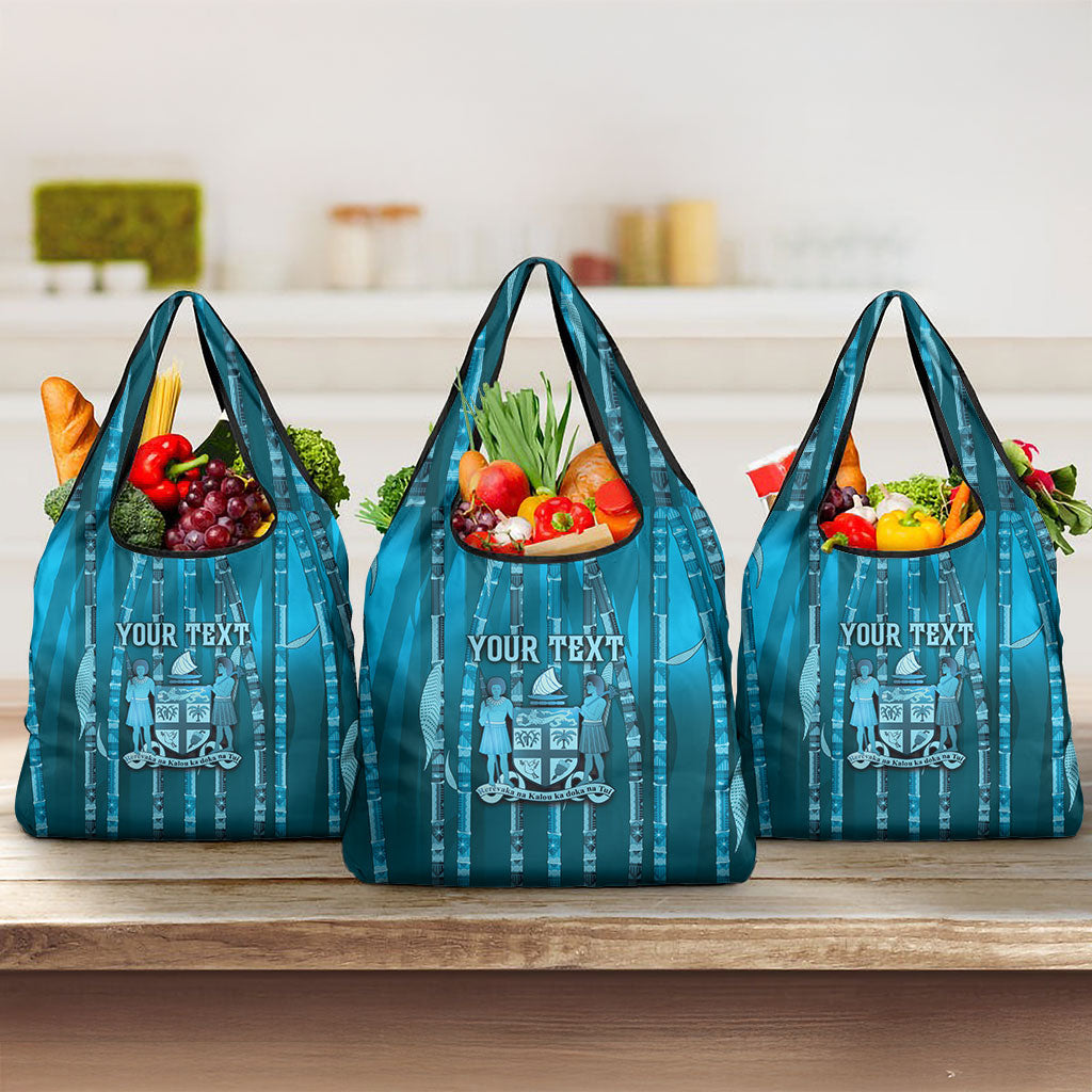 Personalised Fiji Language Week Sugarcane Masi Grocery Bag Blue Tapa Tribal Pattern DT05 3-pack One Size Blue - Polynesian Pride