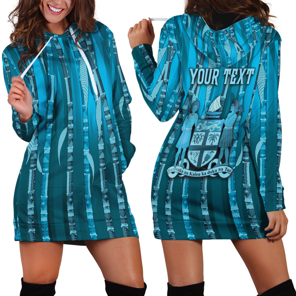 Personalised Fiji Language Week Sugarcane Masi Hoodie Dress Blue Tapa Tribal Pattern DT05 - Polynesian Pride