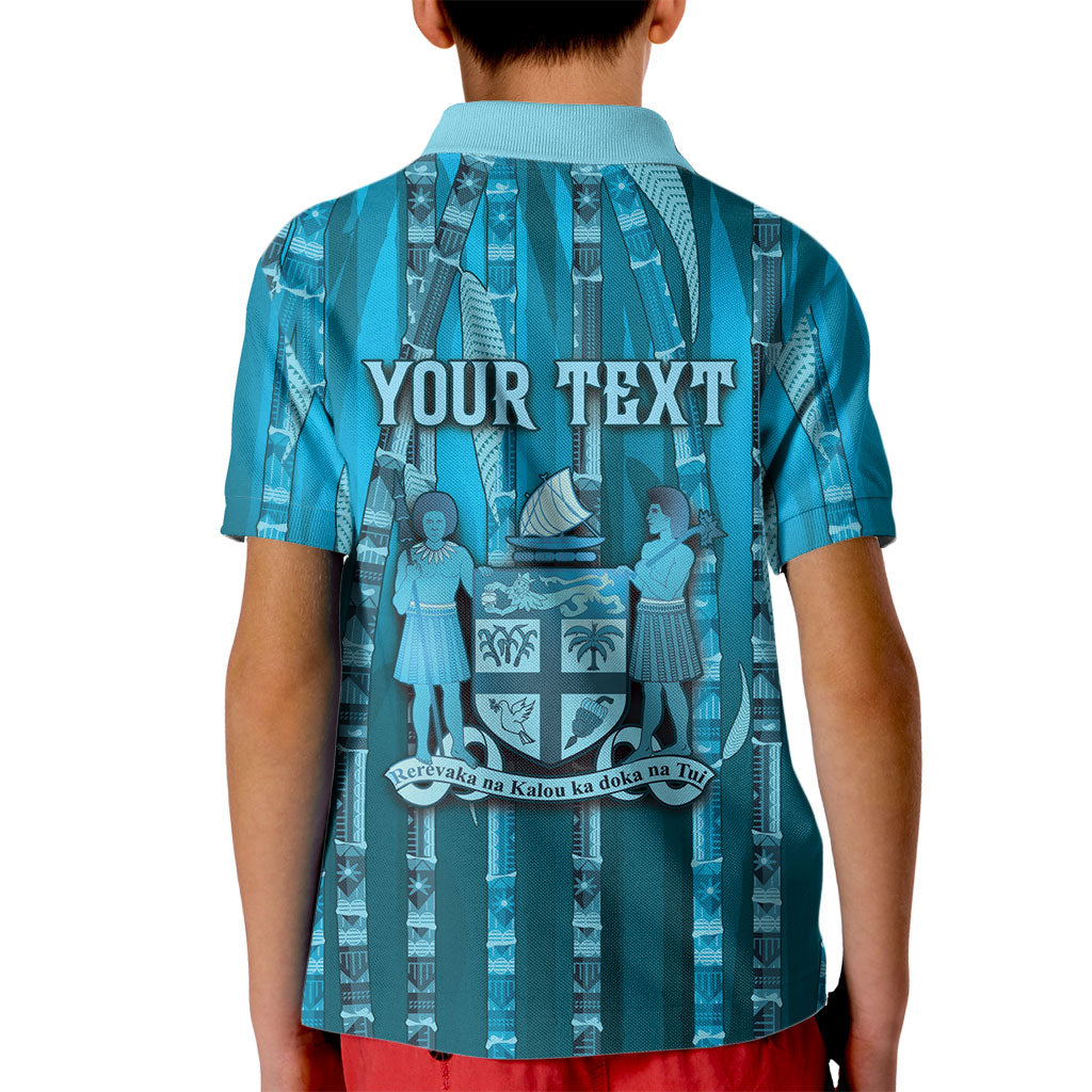 Personalised Fiji Language Week Sugarcane Masi Kid Polo Shirt Blue Tapa Tribal Pattern DT05 - Polynesian Pride