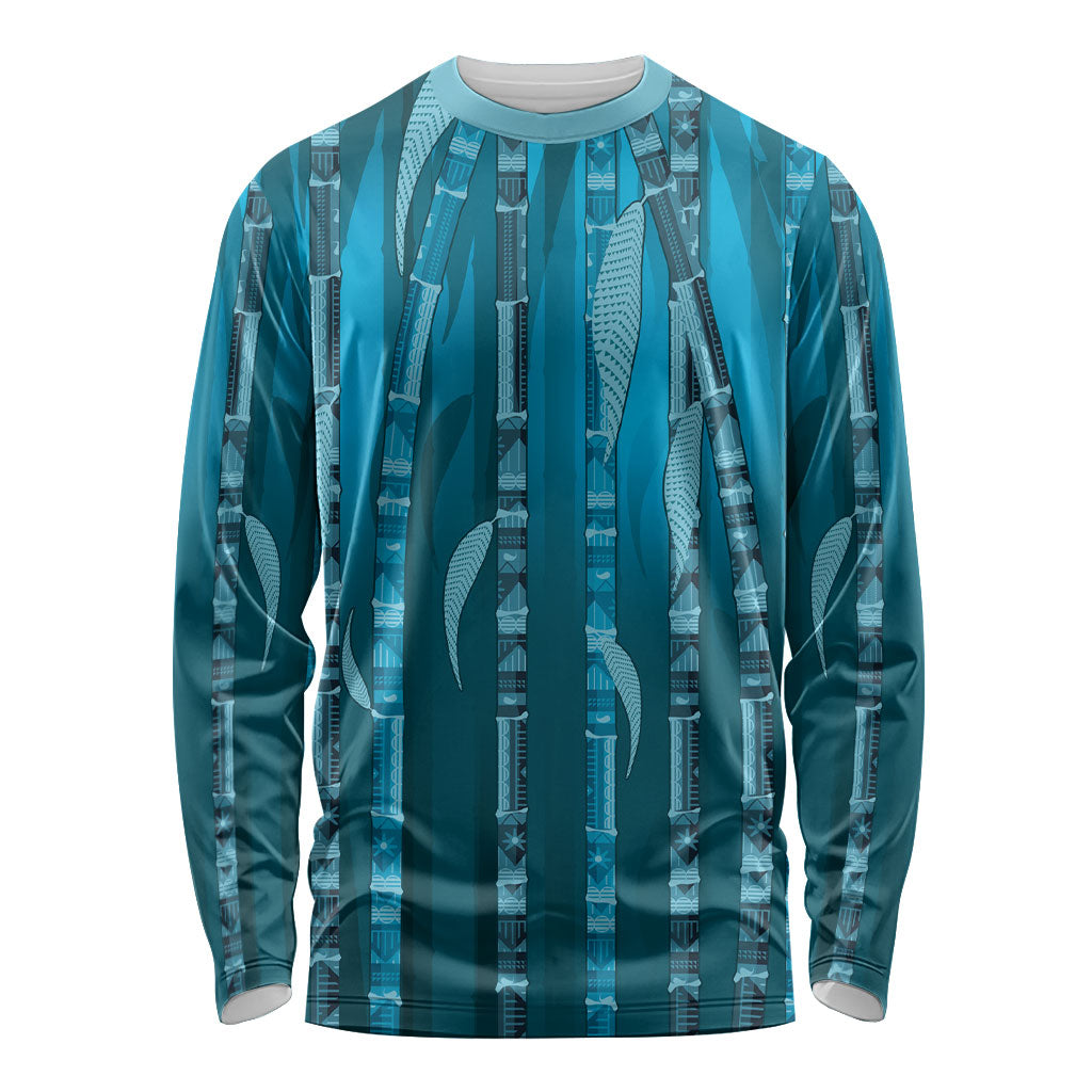 Personalised Fiji Language Week Sugarcane Masi Long Sleeve Shirt Blue Tapa Tribal Pattern DT05 Unisex Blue - Polynesian Pride