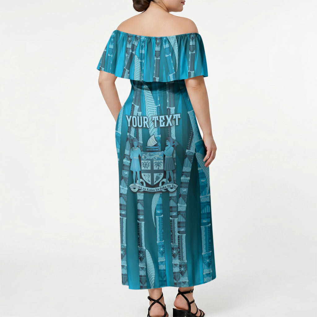 Personalised Fiji Language Week Sugarcane Masi Off Shoulder Maxi Dress Blue Tapa Tribal Pattern DT05 - Polynesian Pride