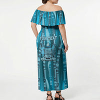 Personalised Fiji Language Week Sugarcane Masi Off Shoulder Maxi Dress Blue Tapa Tribal Pattern DT05 - Polynesian Pride