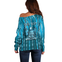 Personalised Fiji Language Week Sugarcane Masi Off Shoulder Sweater Blue Tapa Tribal Pattern DT05 - Polynesian Pride