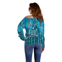 Personalised Fiji Language Week Sugarcane Masi Off Shoulder Sweater Blue Tapa Tribal Pattern DT05 - Polynesian Pride