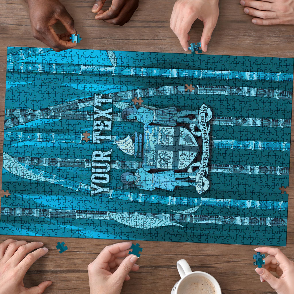 Personalised Fiji Language Week Sugarcane Masi Puzzle Blue Tapa Tribal Pattern DT05 - Polynesian Pride