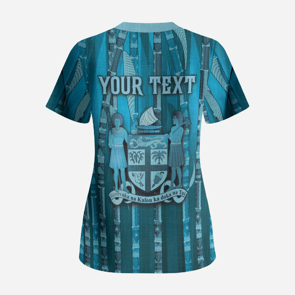Personalised Fiji Language Week Sugarcane Masi Scrub Top Blue Tapa Tribal Pattern DT05 - Polynesian Pride