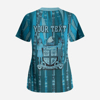 Personalised Fiji Language Week Sugarcane Masi Scrub Top Blue Tapa Tribal Pattern DT05 - Polynesian Pride
