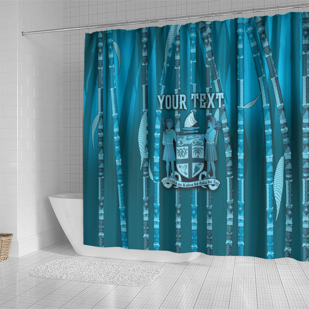 Personalised Fiji Language Week Sugarcane Masi Shower Curtain Blue Tapa Tribal Pattern DT05 - Polynesian Pride