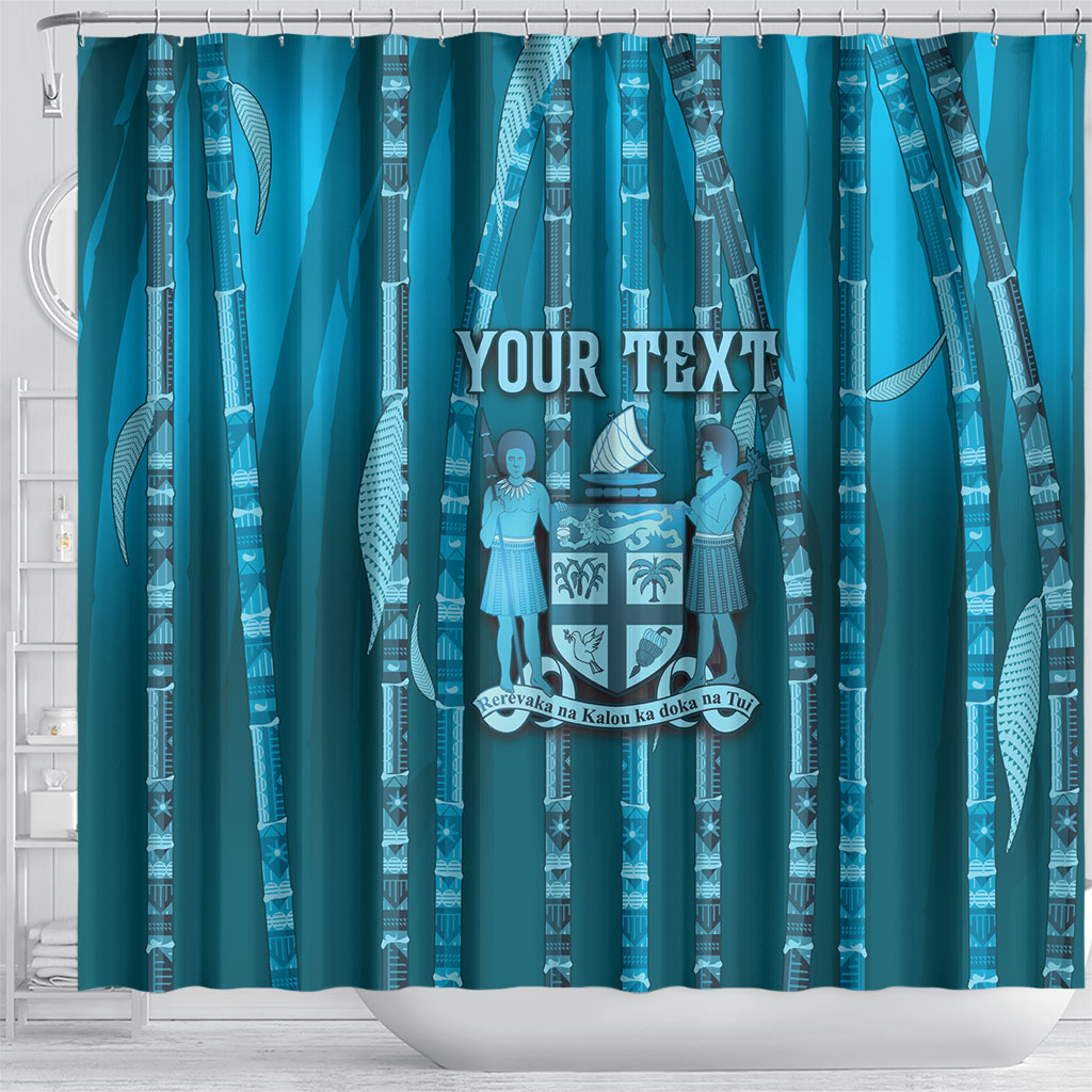 Personalised Fiji Language Week Sugarcane Masi Shower Curtain Blue Tapa Tribal Pattern DT05 - Polynesian Pride