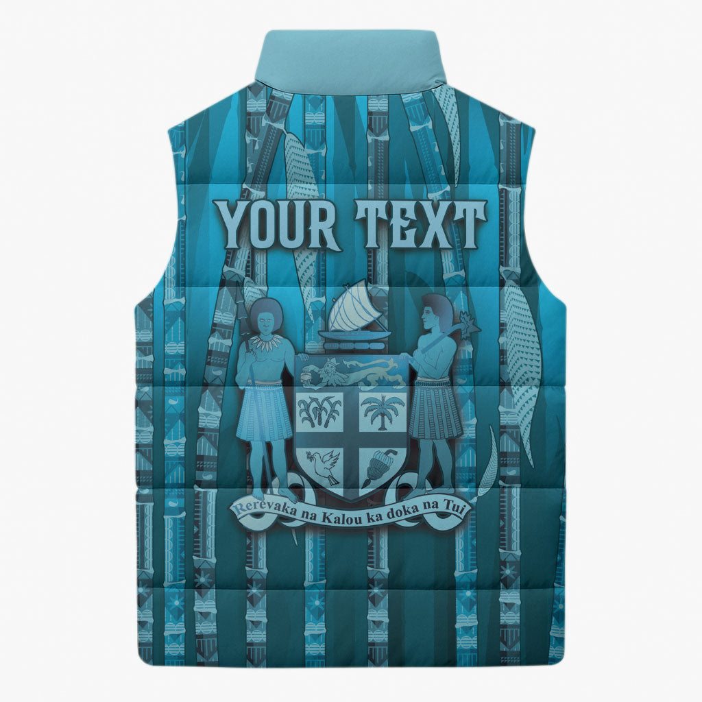 Personalised Fiji Language Week Sugarcane Masi Sleeveless Puffer Jacket Blue Tapa Tribal Pattern DT05 - Polynesian Pride