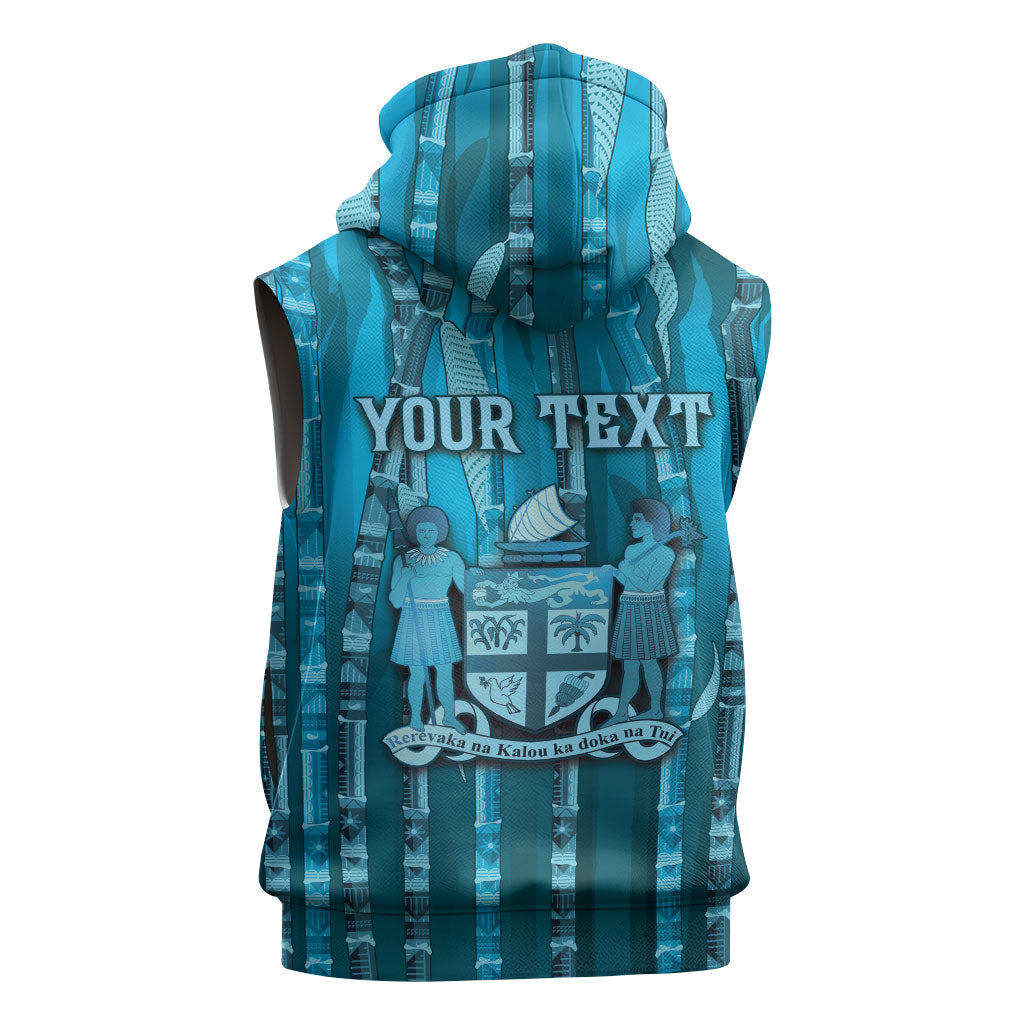 Personalised Fiji Language Week Sugarcane Masi Sleeveless Zip Hoodie Blue Tapa Tribal Pattern DT05 - Polynesian Pride