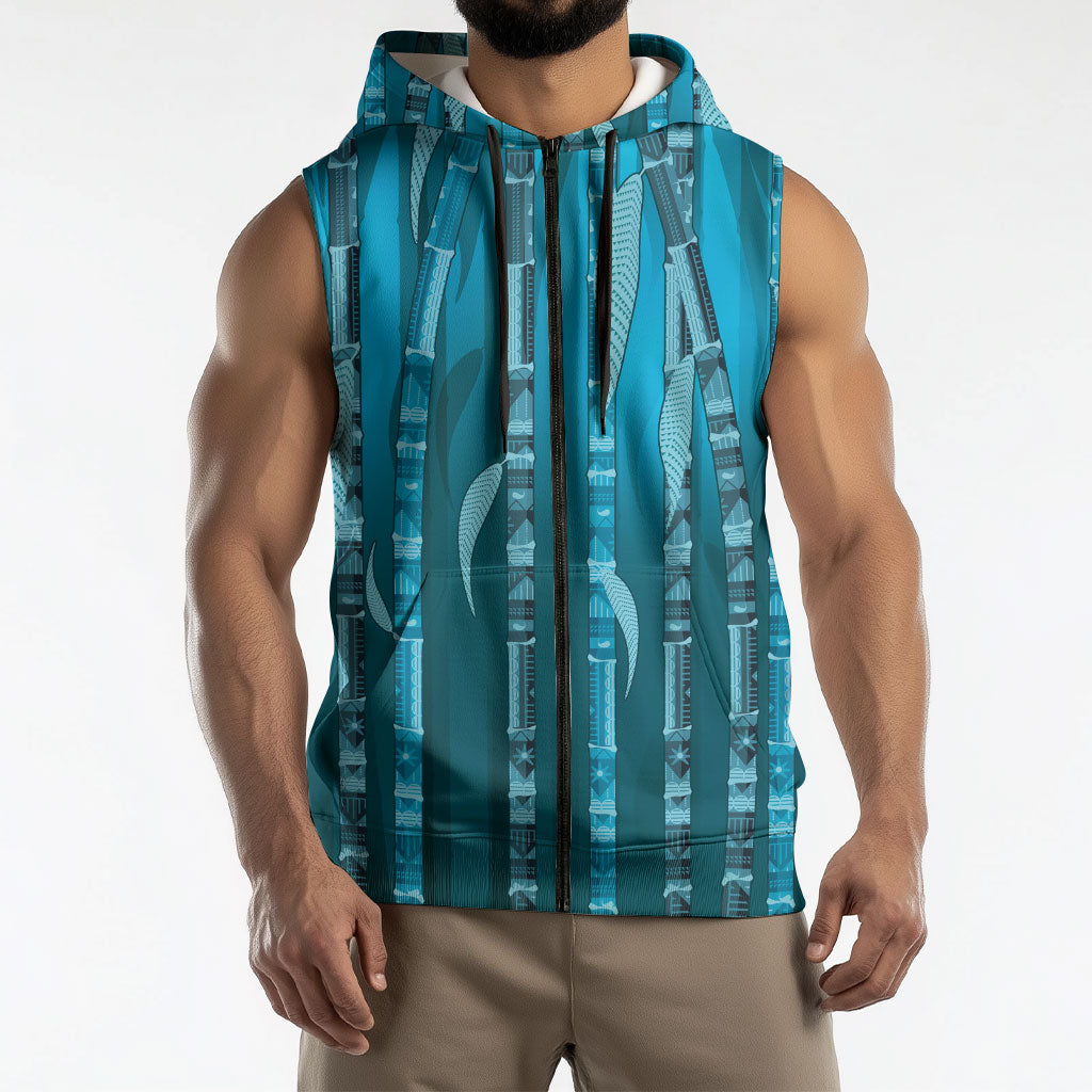 Personalised Fiji Language Week Sugarcane Masi Sleeveless Zip Hoodie Blue Tapa Tribal Pattern DT05 - Polynesian Pride