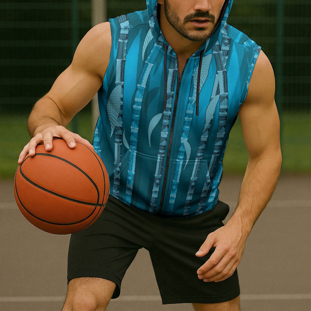 Personalised Fiji Language Week Sugarcane Masi Sleeveless Zip Hoodie Blue Tapa Tribal Pattern DT05 - Polynesian Pride
