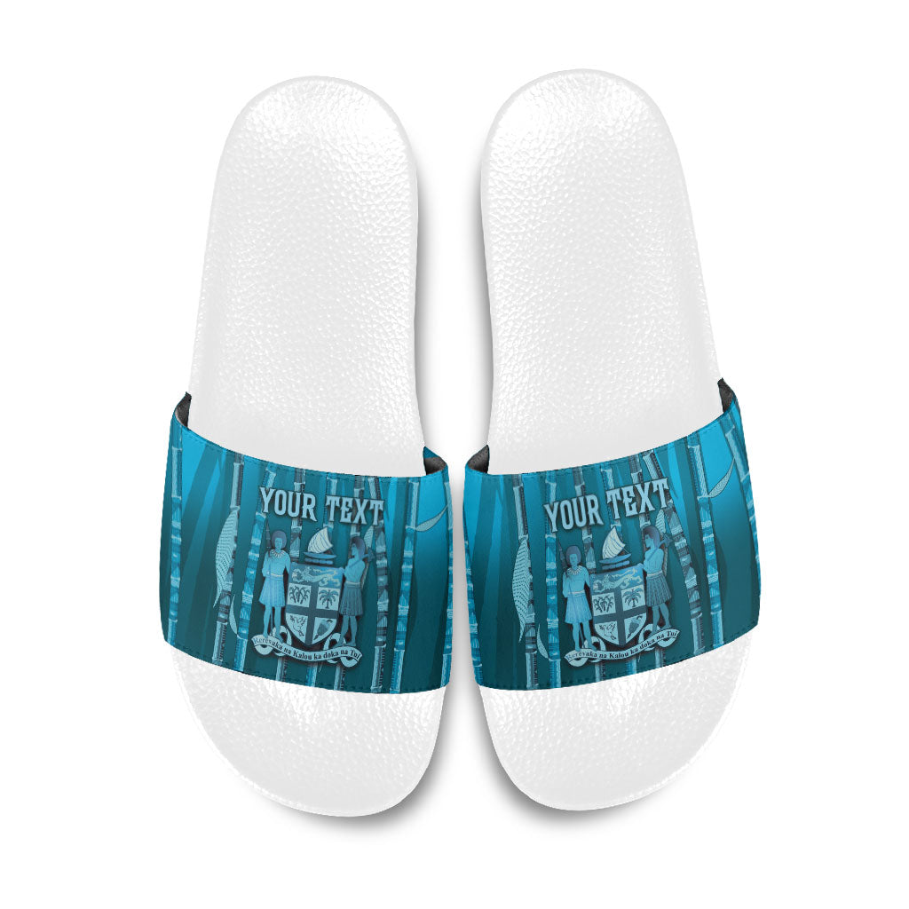 Personalised Fiji Language Week Sugarcane Masi Slide Sandals Blue Tapa Tribal Pattern