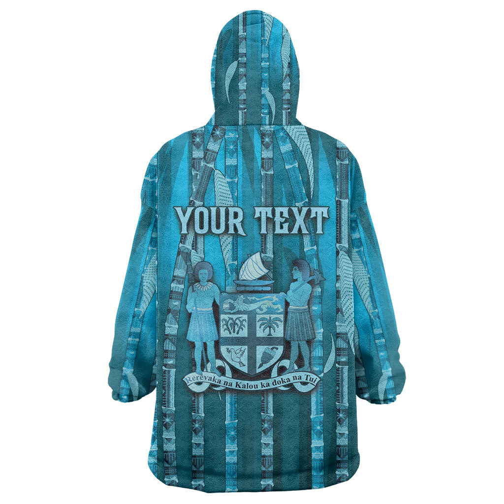 Personalised Fiji Language Week Sugarcane Masi Wearable Blanket Hoodie Blue Tapa Tribal Pattern DT05 - Polynesian Pride