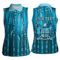 Personalised Fiji Language Week Sugarcane Masi Women Sleeveless Polo Shirt Blue Tapa Tribal Pattern DT05 - Polynesian Pride