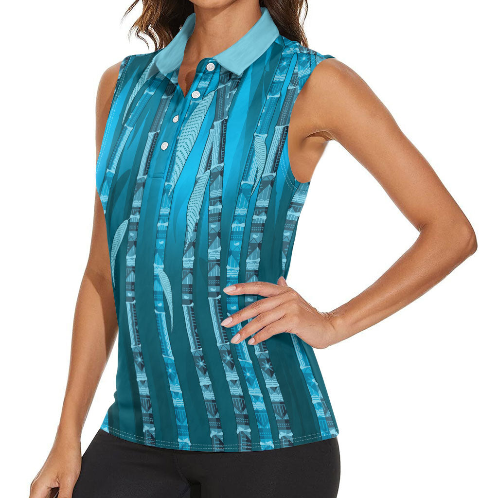 Personalised Fiji Language Week Sugarcane Masi Women Sleeveless Polo Shirt Blue Tapa Tribal Pattern DT05 - Polynesian Pride