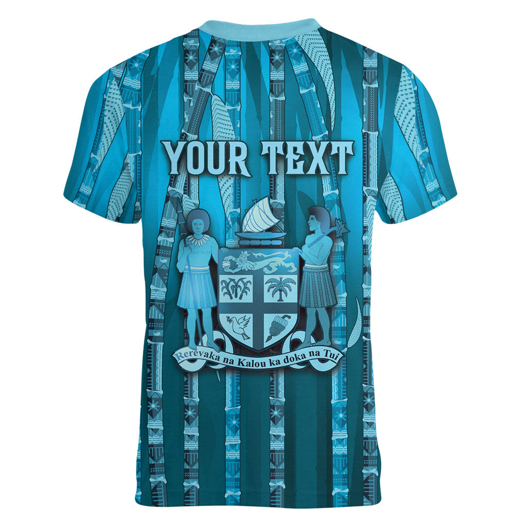 Personalised Fiji Language Week Sugarcane Masi Women V-Neck T-Shirt Blue Tapa Tribal Pattern DT05 - Polynesian Pride