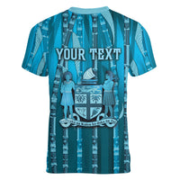 Personalised Fiji Language Week Sugarcane Masi Women V-Neck T-Shirt Blue Tapa Tribal Pattern DT05 - Polynesian Pride