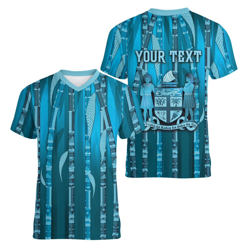 Personalised Fiji Language Week Sugarcane Masi Women V-Neck T-Shirt Blue Tapa Tribal Pattern DT05 - Polynesian Pride