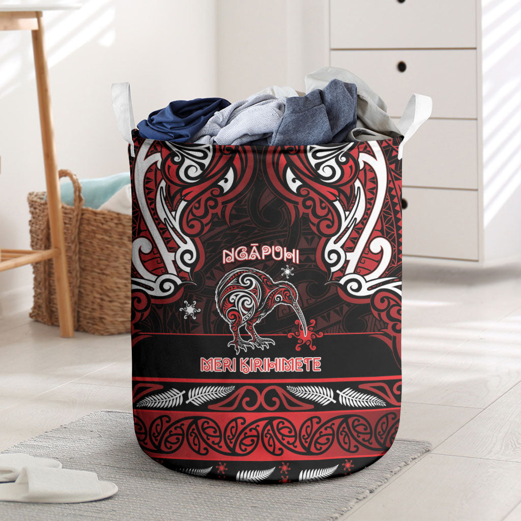 Ngapuhi Aotearoa Meri Kirihimete Laundry Basket Maori Kiwi Bird Silver Fern Koru Pattern DT05 Red - Polynesian Pride