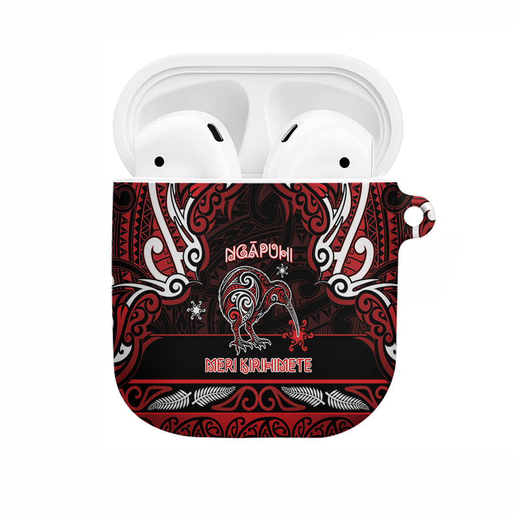 Ngapuhi Aotearoa Meri Kirihimete AirPods Case Maori Kiwi Bird Silver Fern Koru Pattern DT05 Red - Polynesian Pride