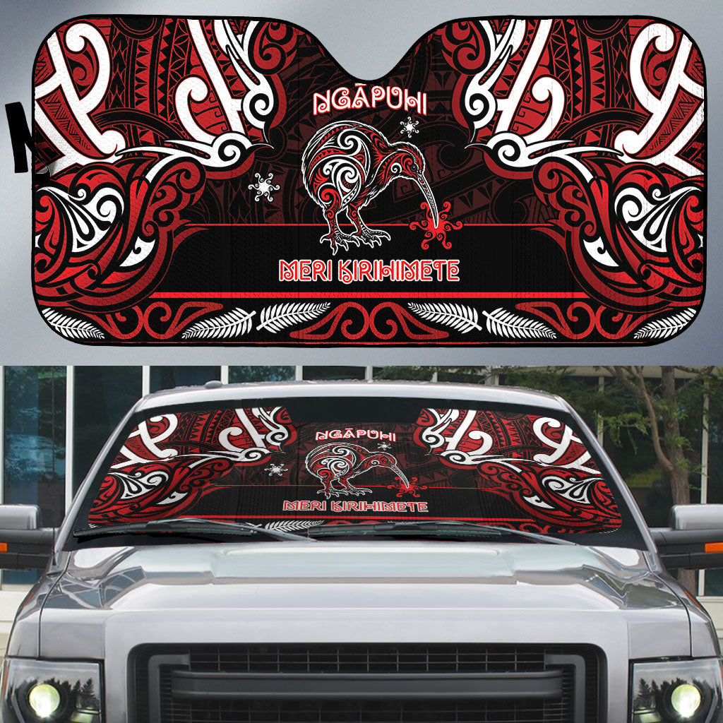 Ngapuhi Aotearoa Meri Kirihimete Auto Sun Shade Maori Kiwi Bird Silver Fern Koru Pattern DT05 Red - Polynesian Pride
