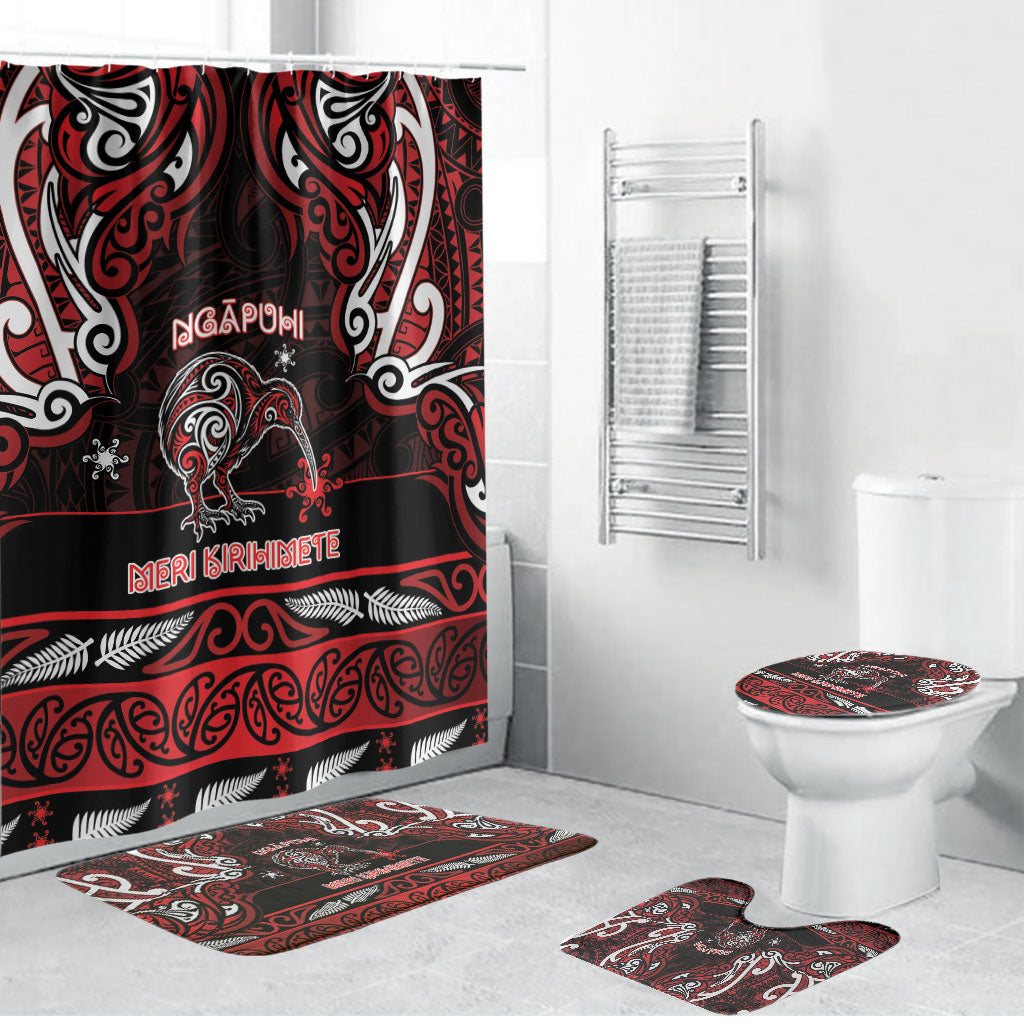 Ngapuhi Aotearoa Meri Kirihimete Bathroom Set Maori Kiwi Bird Silver Fern Koru Pattern DT05 Bathroom Set (4 pcs) Red - Polynesian Pride