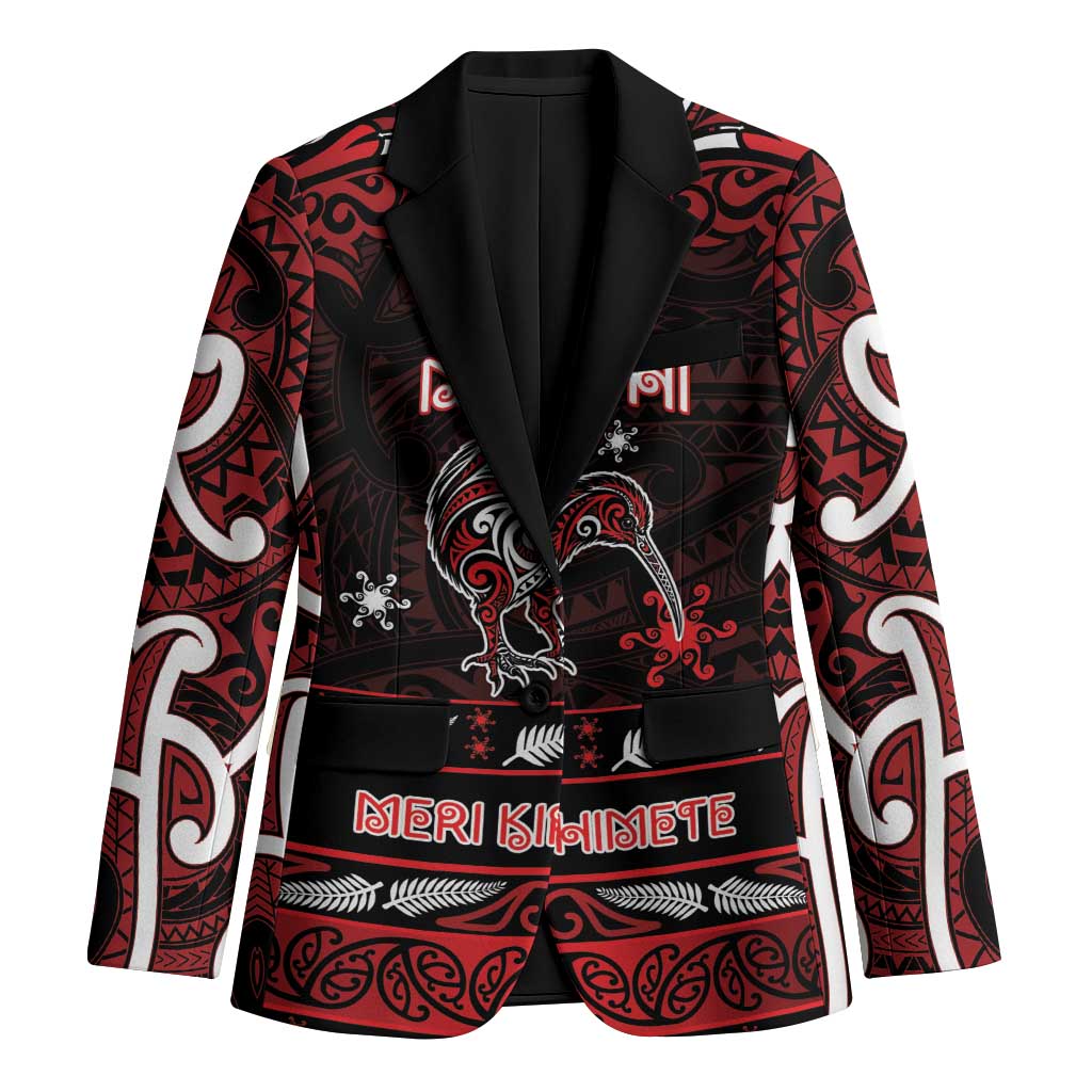 Personalised Ngapuhi Aotearoa Meri Kirihimete Blazer Maori Kiwi Bird Silver Fern Koru Pattern DT05 Unisex Red - Polynesian Pride