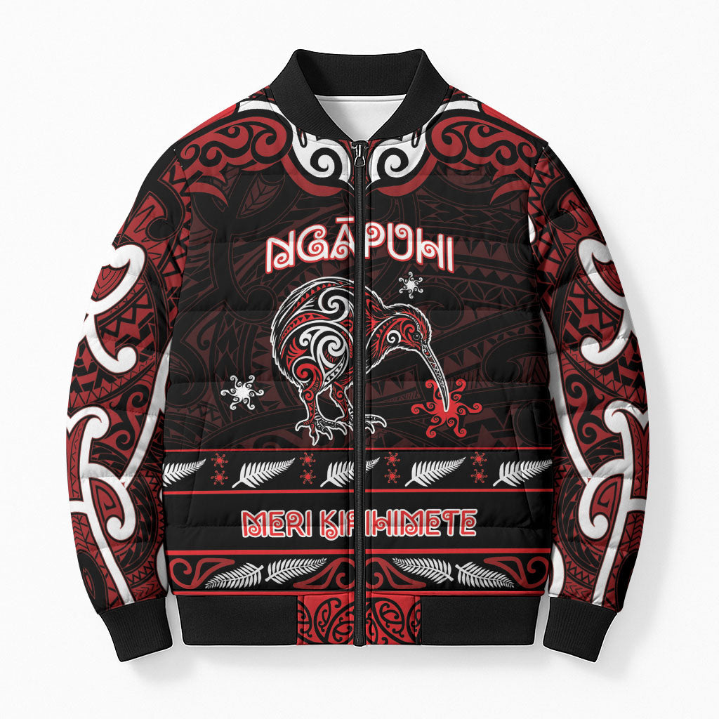 Personalised Ngapuhi Aotearoa Meri Kirihimete Bomber Puffer Jacket Maori Kiwi Bird Silver Fern Koru Pattern DT05 Unisex Red - Polynesian Pride