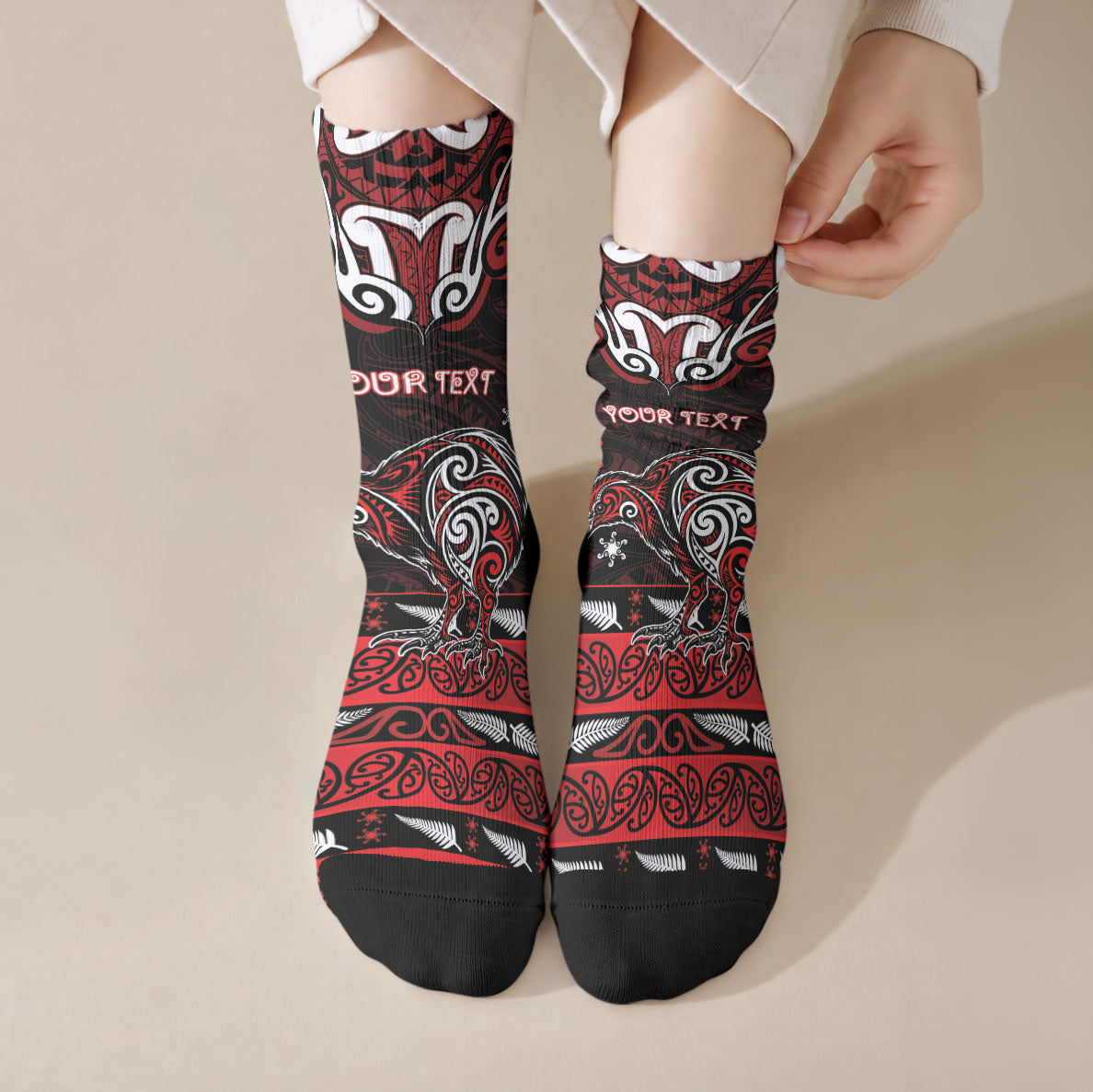 Personalised Ngapuhi Aotearoa Meri Kirihimete Crew Socks Maori Kiwi Bird Silver Fern Koru Pattern DT05 Crew Socks Red - Polynesian Pride